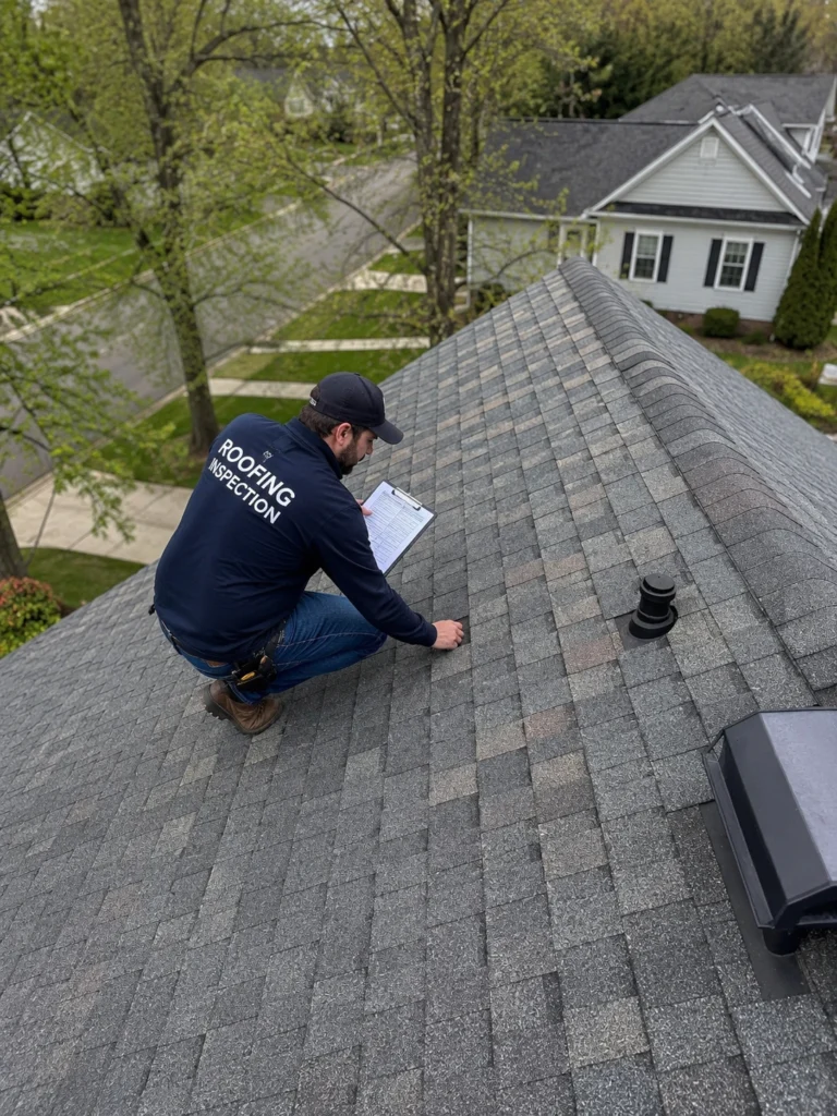 Professional roofing inspector examining a residential roof in Hollywood, Florida for damage and maintenance needs.