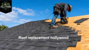 Professional roof replacement project on a residential home in Hollywood, FL with new asphalt shingles being installed.