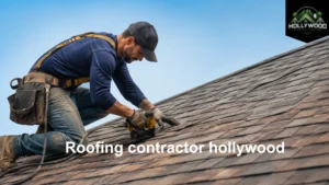 Professional roofing contractor in Hollywood, FL installing asphalt shingles on a residential roof.