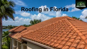 Professional roofing contractor repairing a residential roof in Florida under clear blue skies.