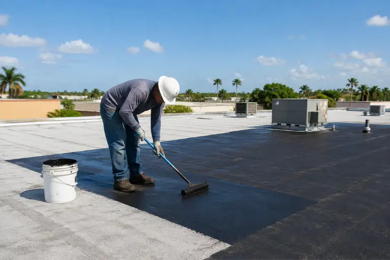 Commercial roof repair contractor repairing a flat commercial roof in East Hollywood, Florida.