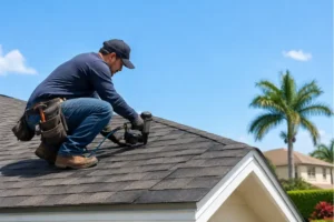 Professional local roofing contractor repairing a residential asphalt shingle roof in Highland Gardens, FL under a clear blue sky.