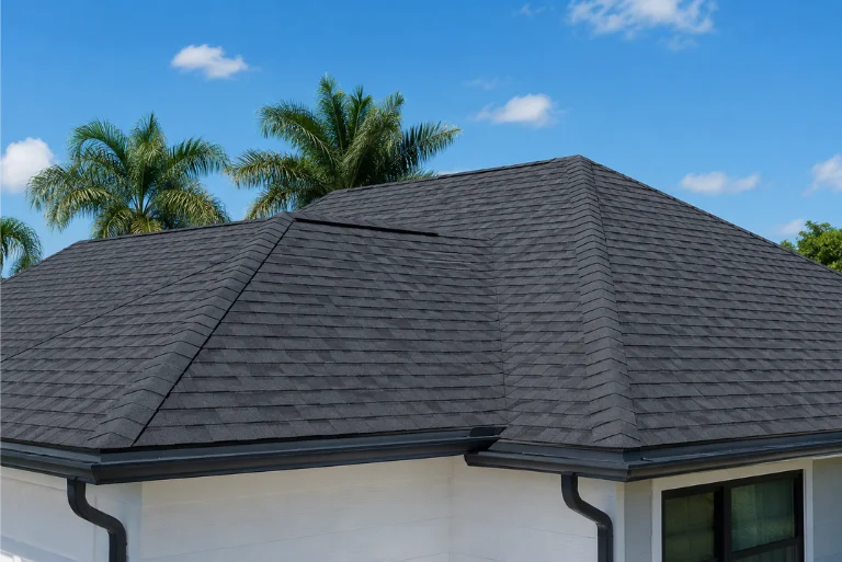 Professional roofing in Mapleridge Hollywood FL with a modern residential roof under a clear blue sky.